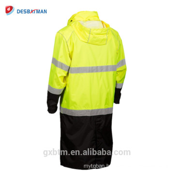 Black Lower Design Hi Vis Safety Workwear Hoodie Long Raincoat,150D Polyester Oxford With PU Coating And Sealed Seams